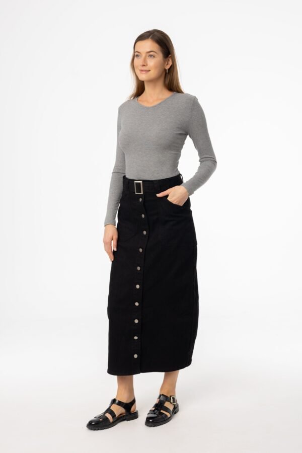 Black Belted Button Down Denim Skirt - Image 2